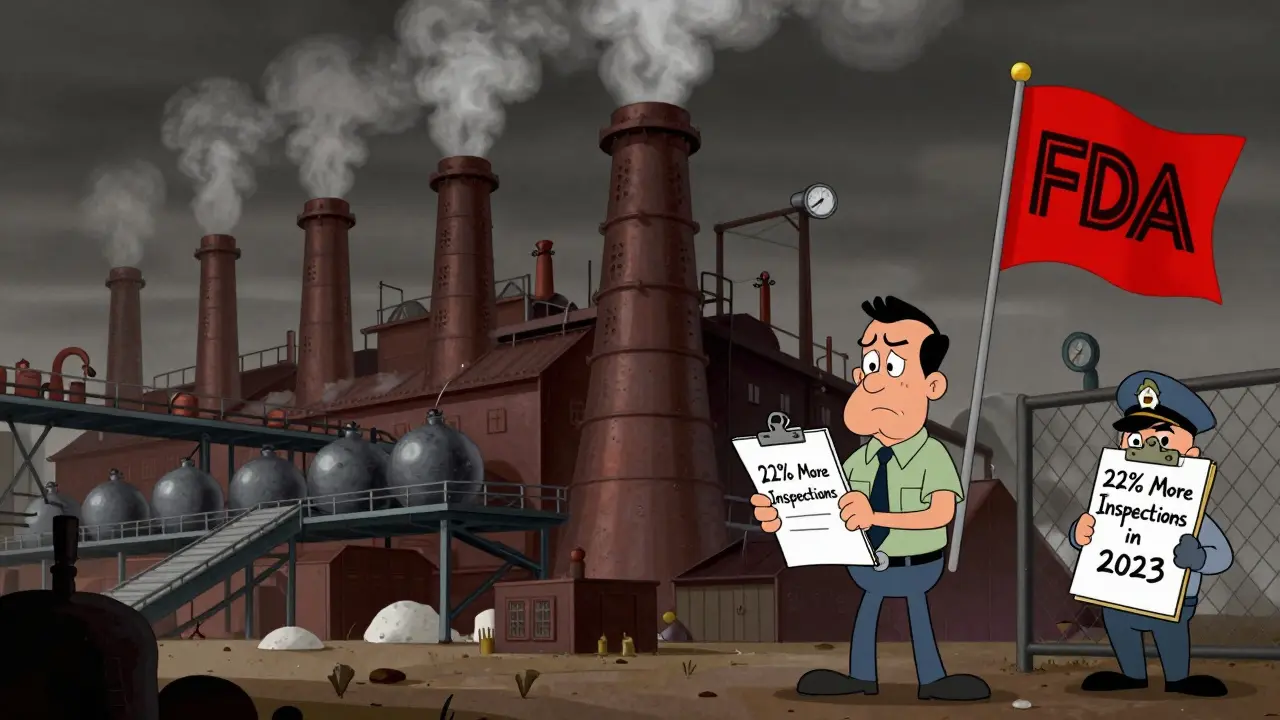 Massive Chinese chemical plant with broken equipment and a red FDA warning flag in Hanna-Barbera style.