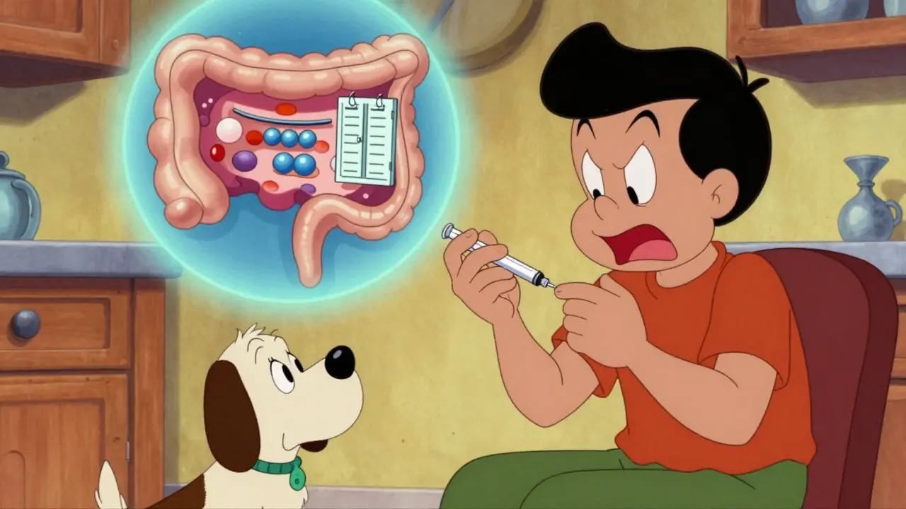 Person giving themselves a biologic injection at home while a dog watches, gut inflammation being blocked.