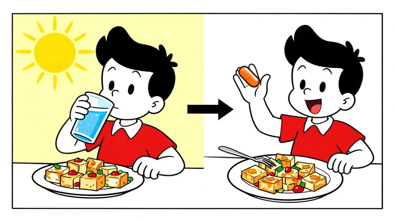 Person takes thyroid pill in morning, eats tofu at lunch with clear time gap and happy thyroid.