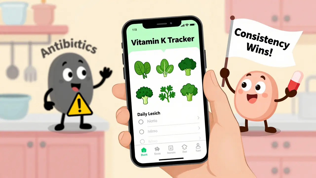 Person using a cartoon food tracker app with animated vegetables and warning signs.