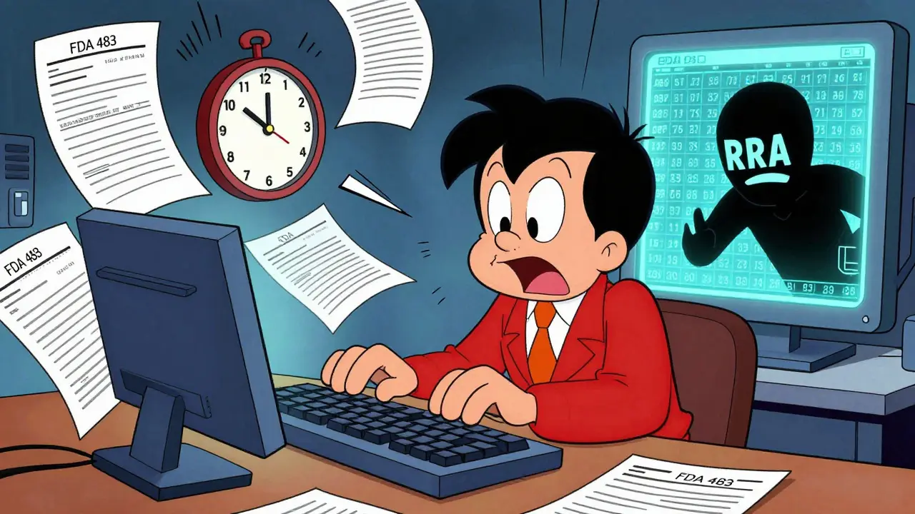 Quality manager racing against time with digital records glowing and Form 483s flying in a Hanna-Barbera-style office.