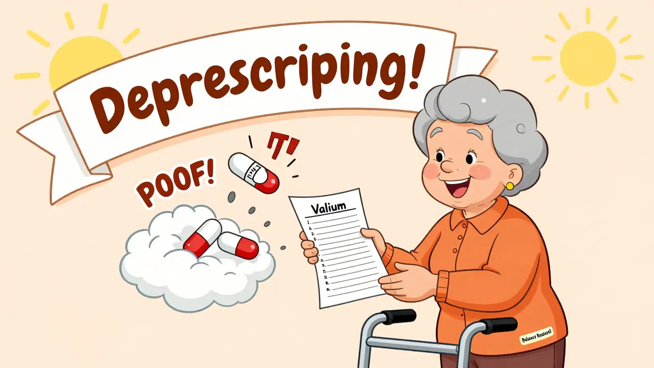 Senior handing doctor a med list as two pills vanish, celebrating deprescribing success.