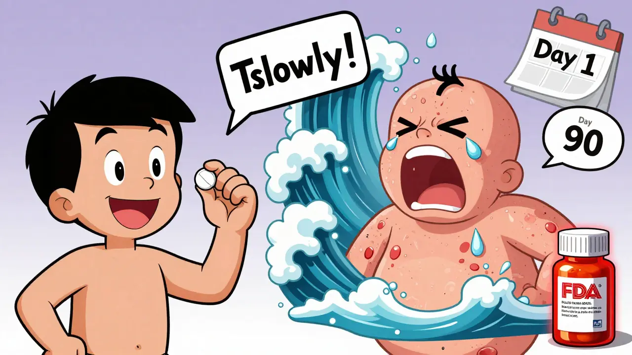 Split image showing happy pill user turning into person overwhelmed by withdrawal itch waves.