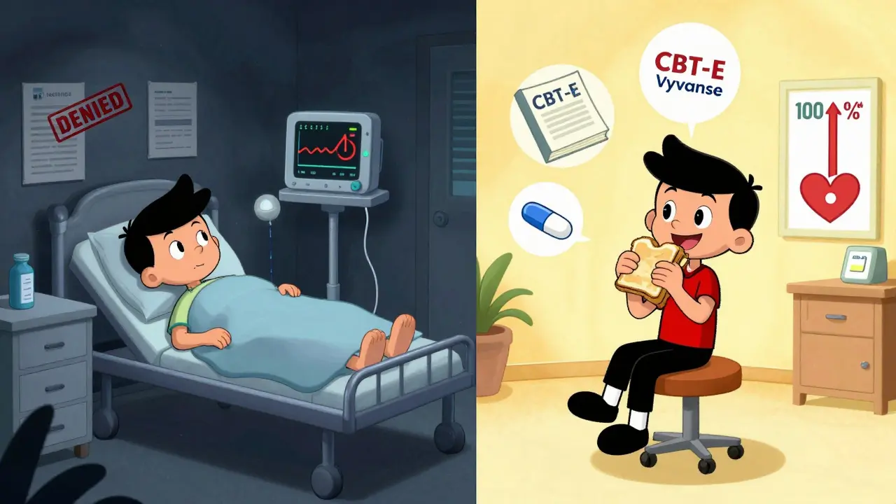 Split scene: dark hospital with denied insurance forms vs. bright therapy room with recovery symbols.