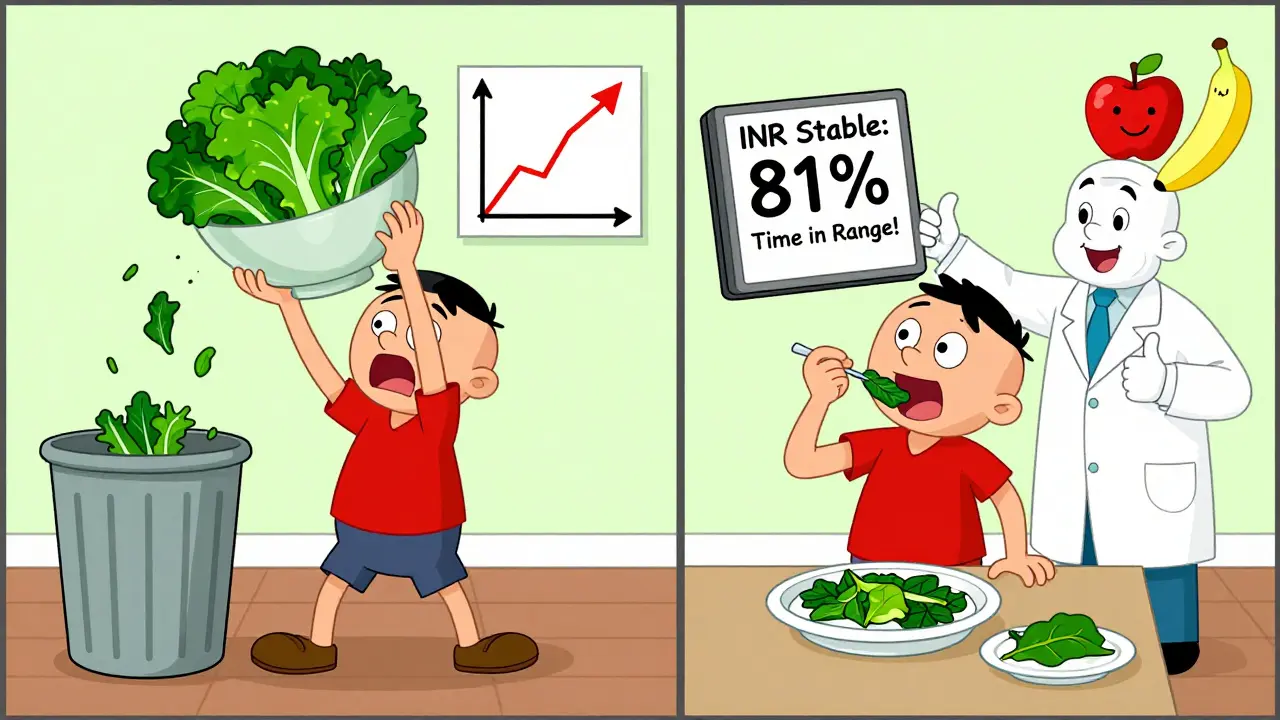 Split-screen: patient throwing away kale vs. eating spinach with stable INR reading.