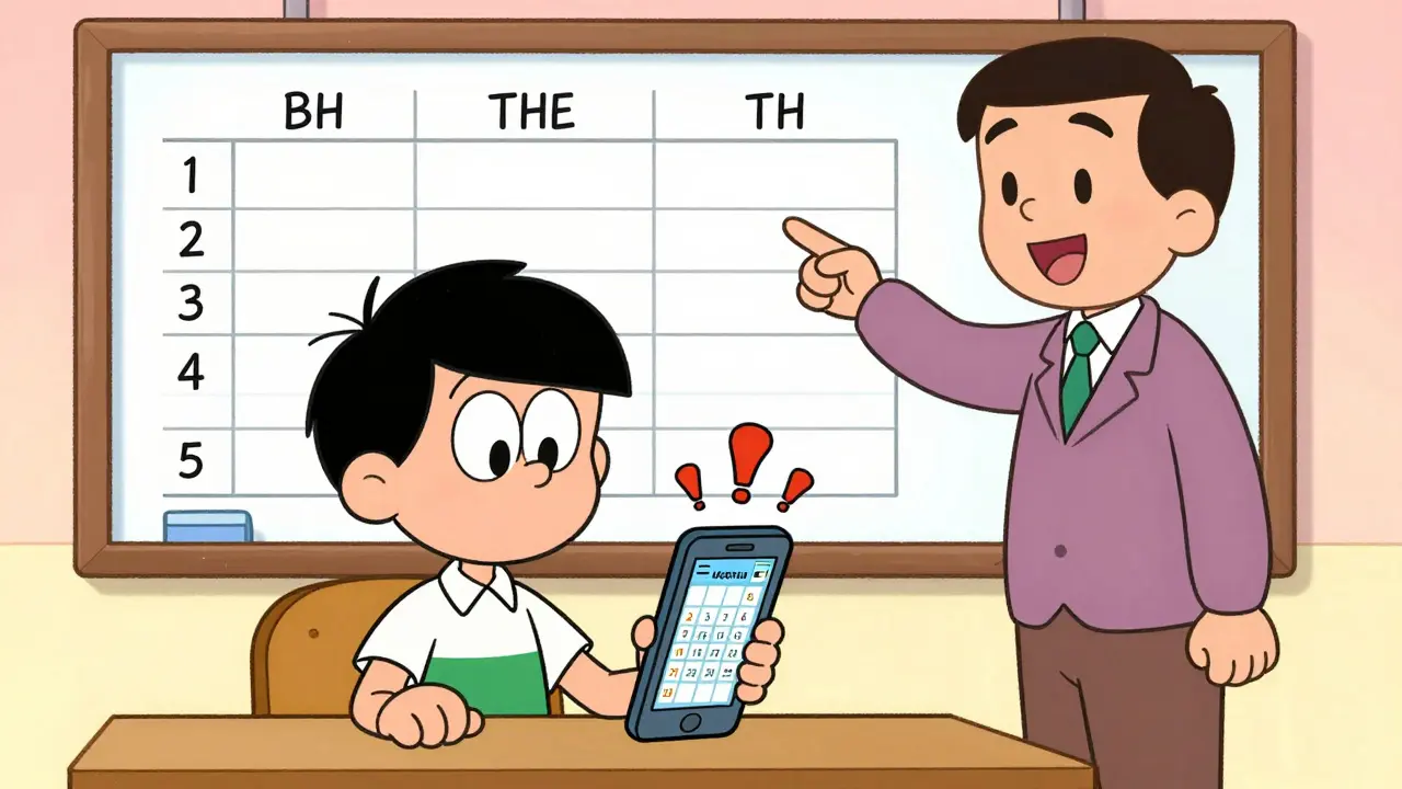 Teen using phone calendar in classroom with teacher guiding focus