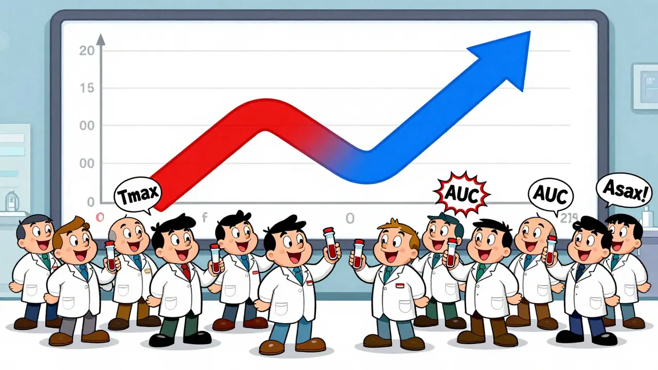 24 volunteers in a clinical trial with animated AUC and Cmax curves on a screen