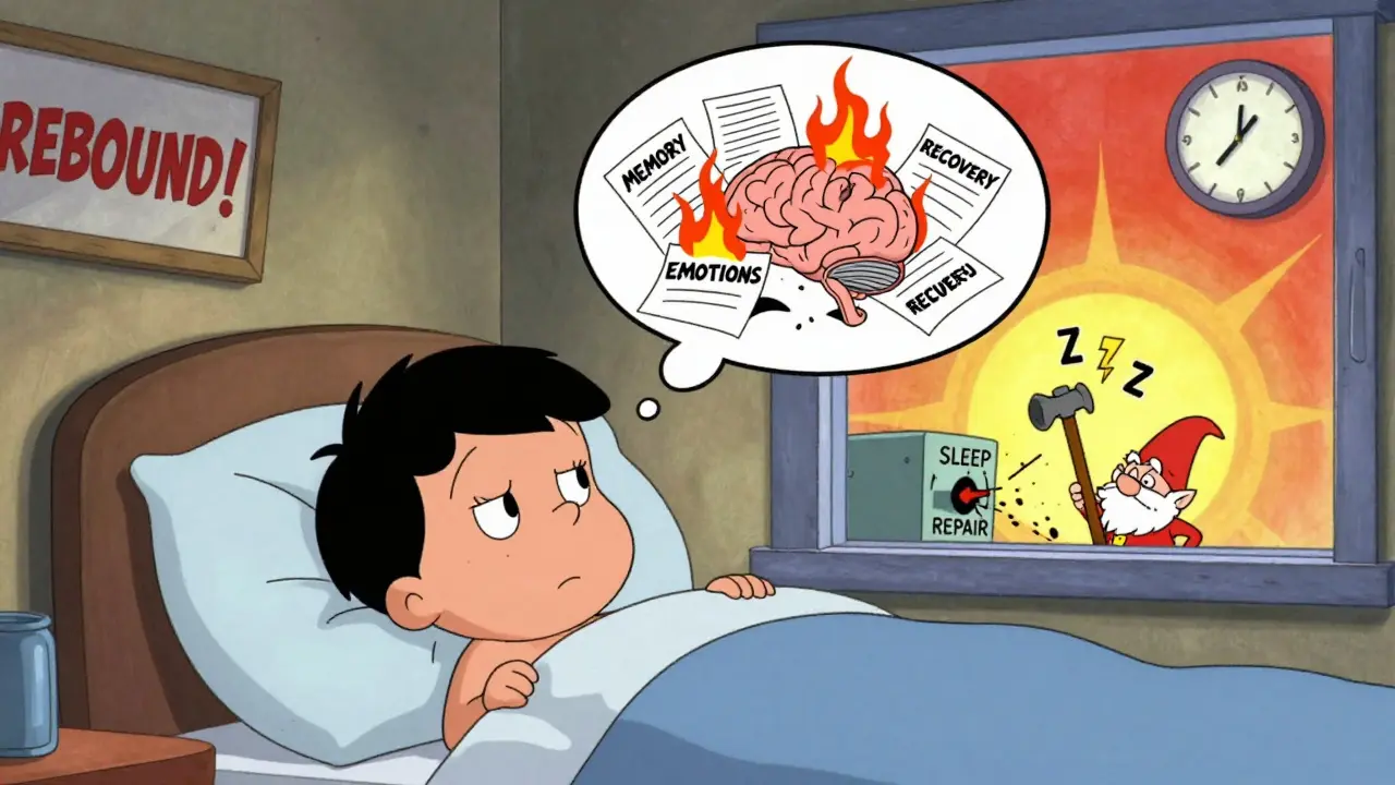 A groggy person waking up with their brain shown as a chaotic office where sleep repair is being destroyed.