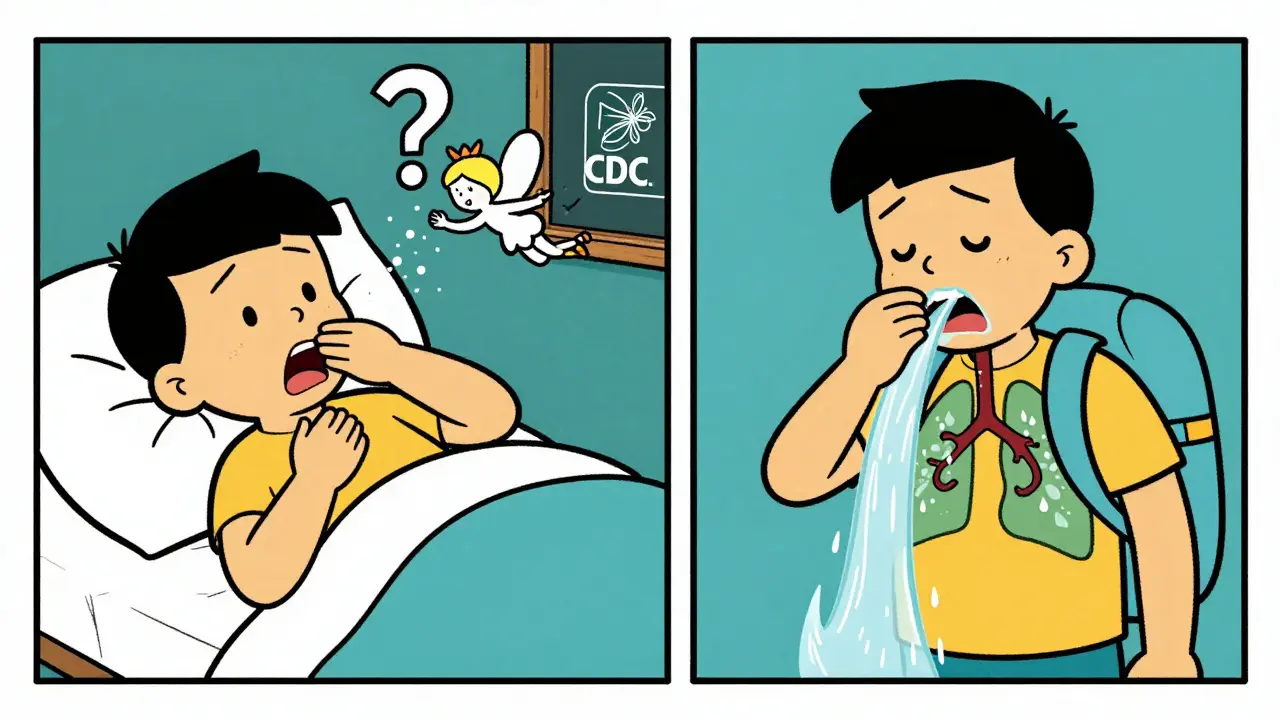 A person at night using cough medicine with cartoonish hydration and mucus-clearing visuals in a Hanna-Barbera style.