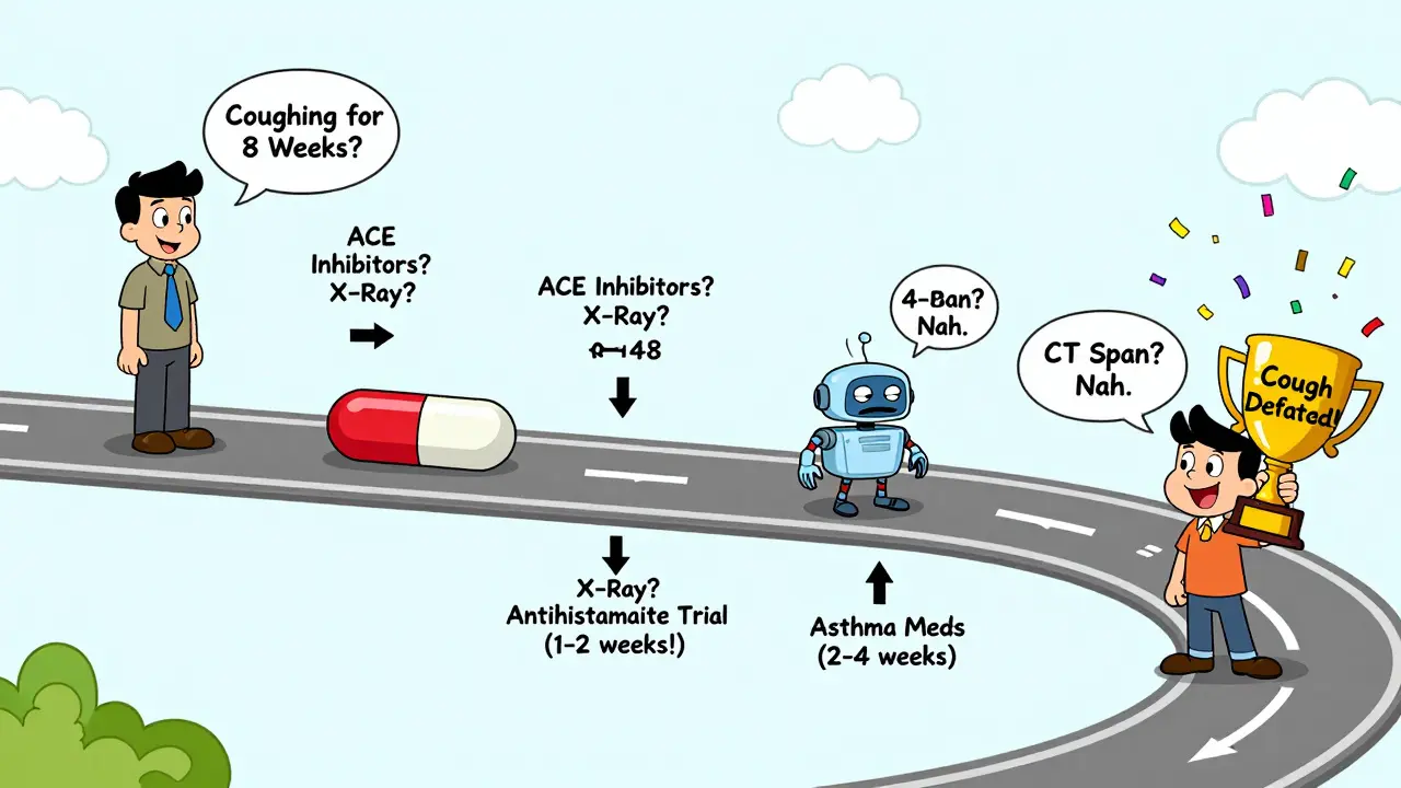 A whimsical road map guiding a patient through step-by-step cough diagnosis with funny obstacles.