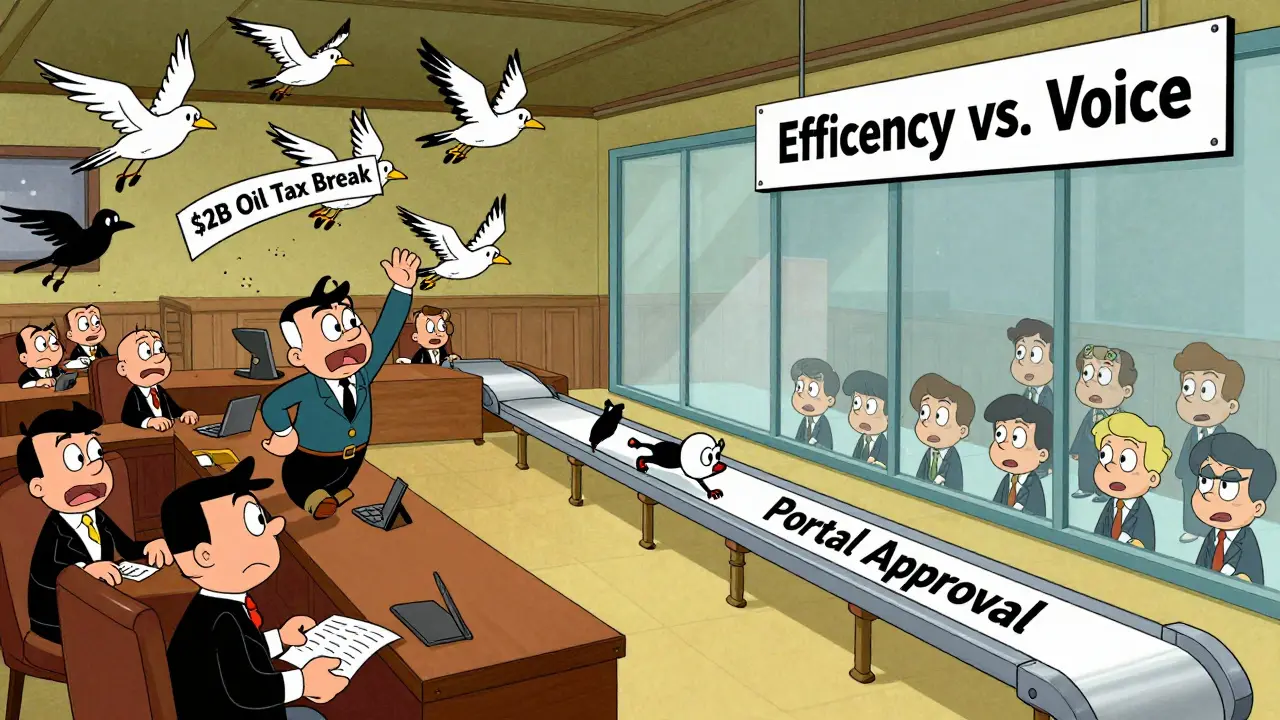 Chaotic Senate vs. orderly House chamber, showing contrasting amendment processes.