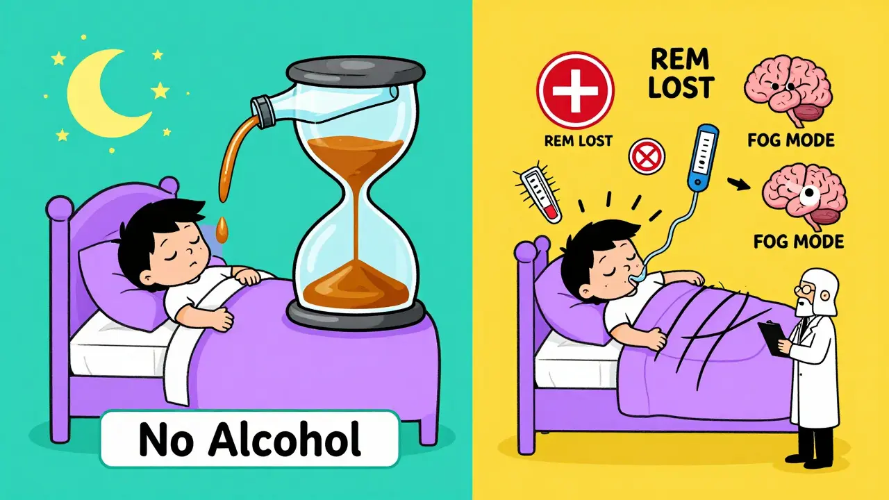 Contrasting bedroom scenes showing peaceful sleep vs. alcohol-disrupted sleep with apnea icons.