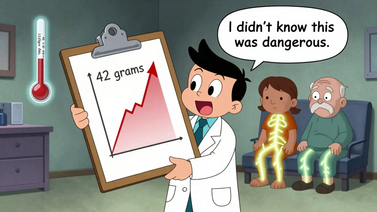 Doctor showing a 42-gram warning graph while two patients glow with fading nerve pathways.