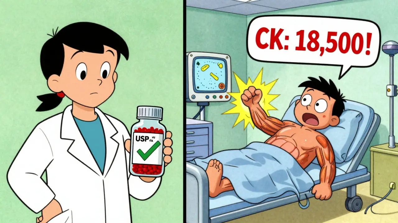 Doctor with safe supplement vs. ER chaos from muscle damage in vintage cartoon style.