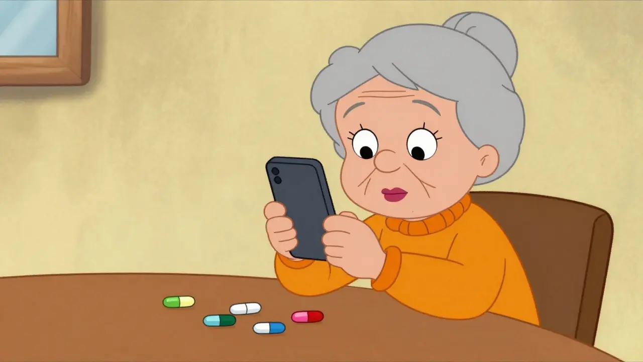 Elderly woman photographing pills with smartphone.