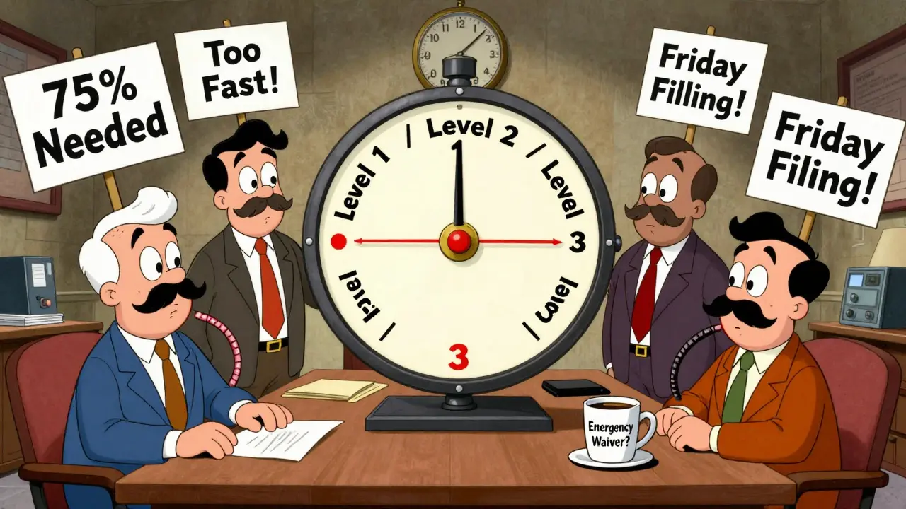 Five committee members argue over a spinning wheel labeled with amendment levels.