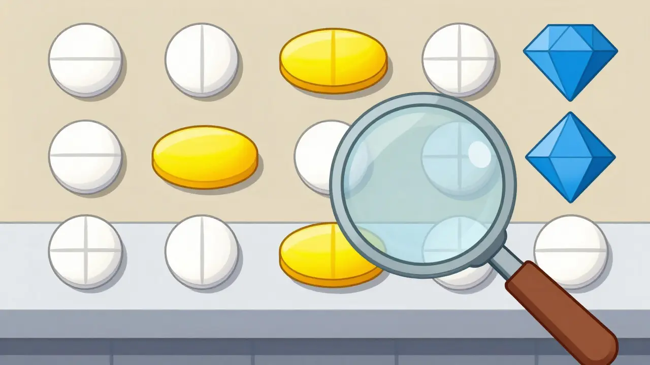 Grid of differently shaped and colored generic pills on counter.