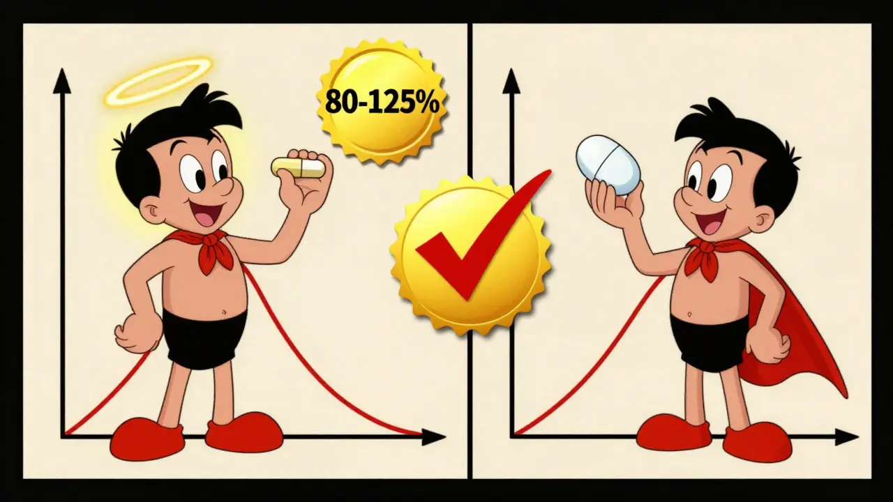 Patient taking brand and generic pills with identical curves and a '80-125%' checkmark