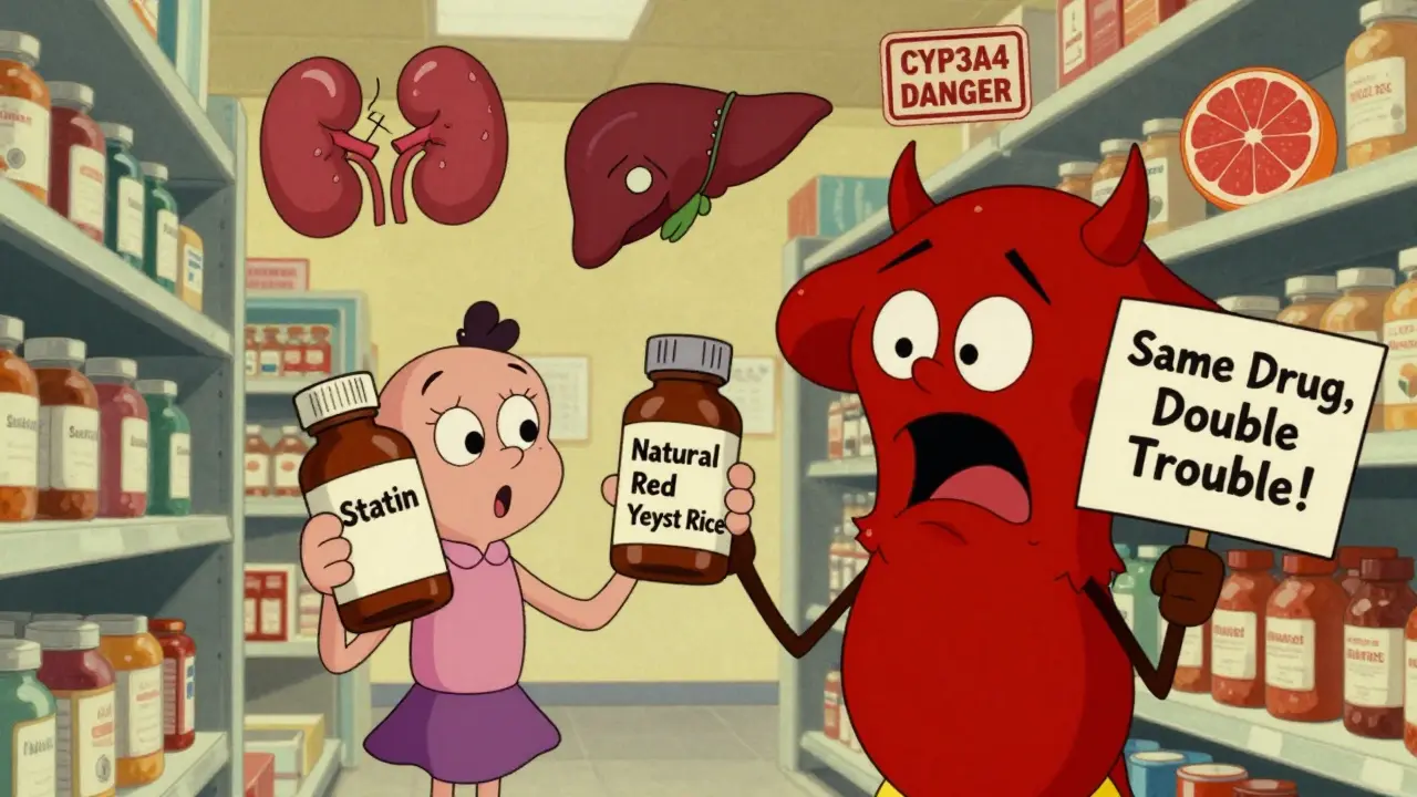 Shopper confused by supplement combo as a cartoon fungus laughs with warning signs.