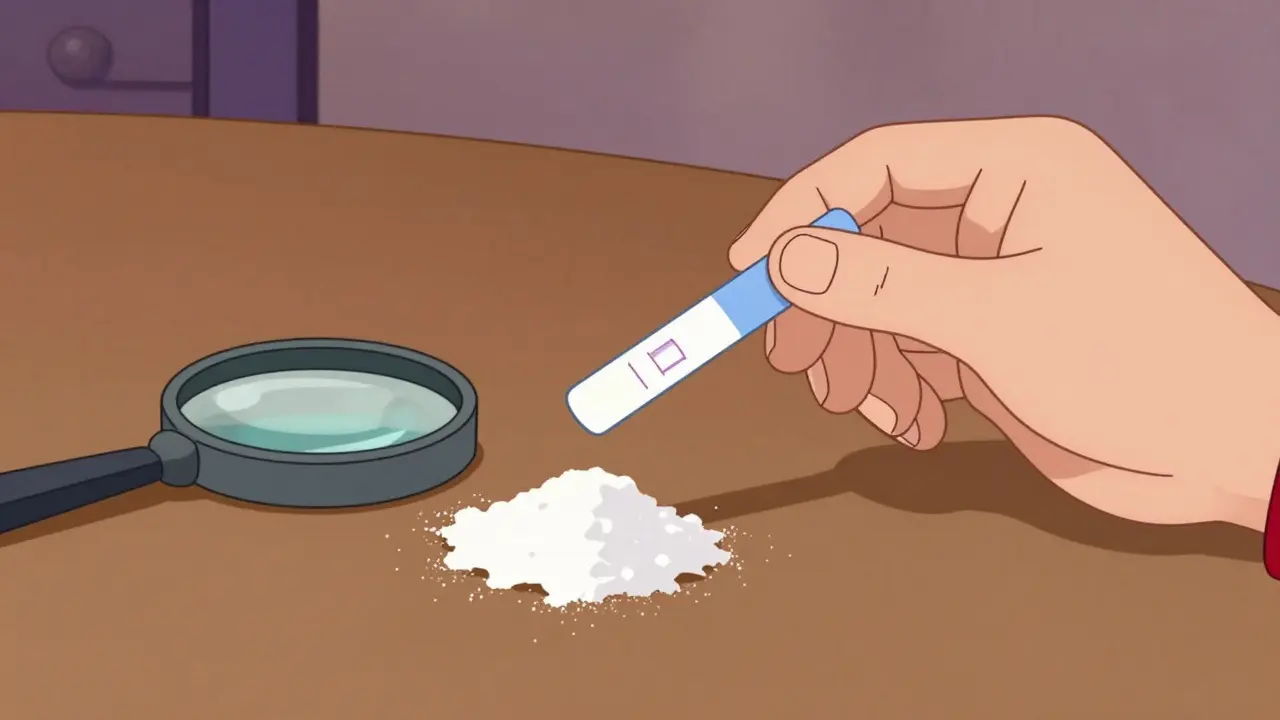 Testing powder for fentanyl using a test strip on a table.