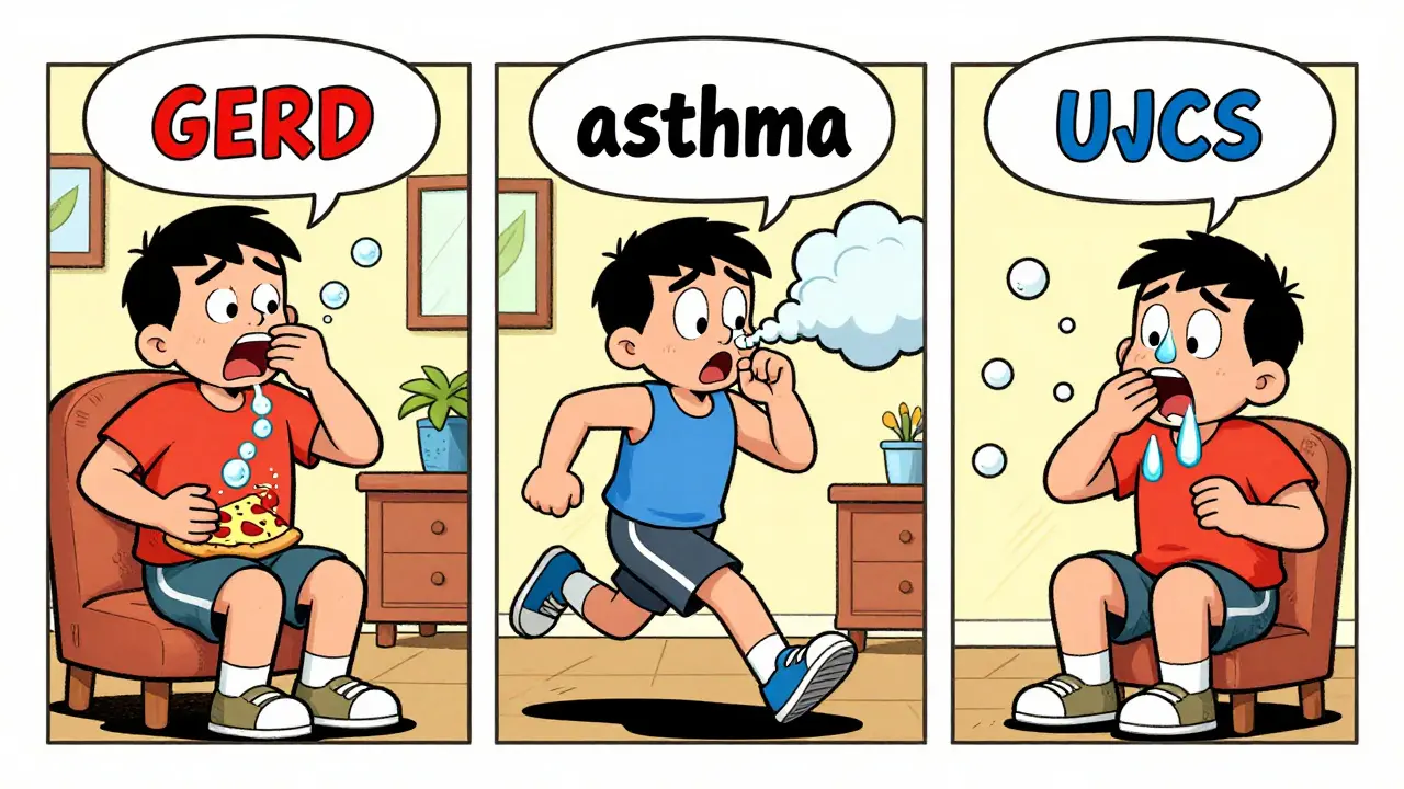 Three cartoon scenes showing people coughing from GERD, asthma, and postnasal drip with exaggerated symptoms.