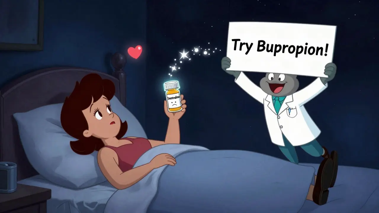 A couple in bed is shown beside a friendly pharmacist offering a glowing alternative pill to restore intimacy.