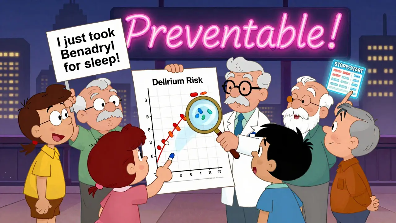 A family and doctor examine a medical chart with a rising delirium risk graph, surrounded by icons of medication warnings and prevention.