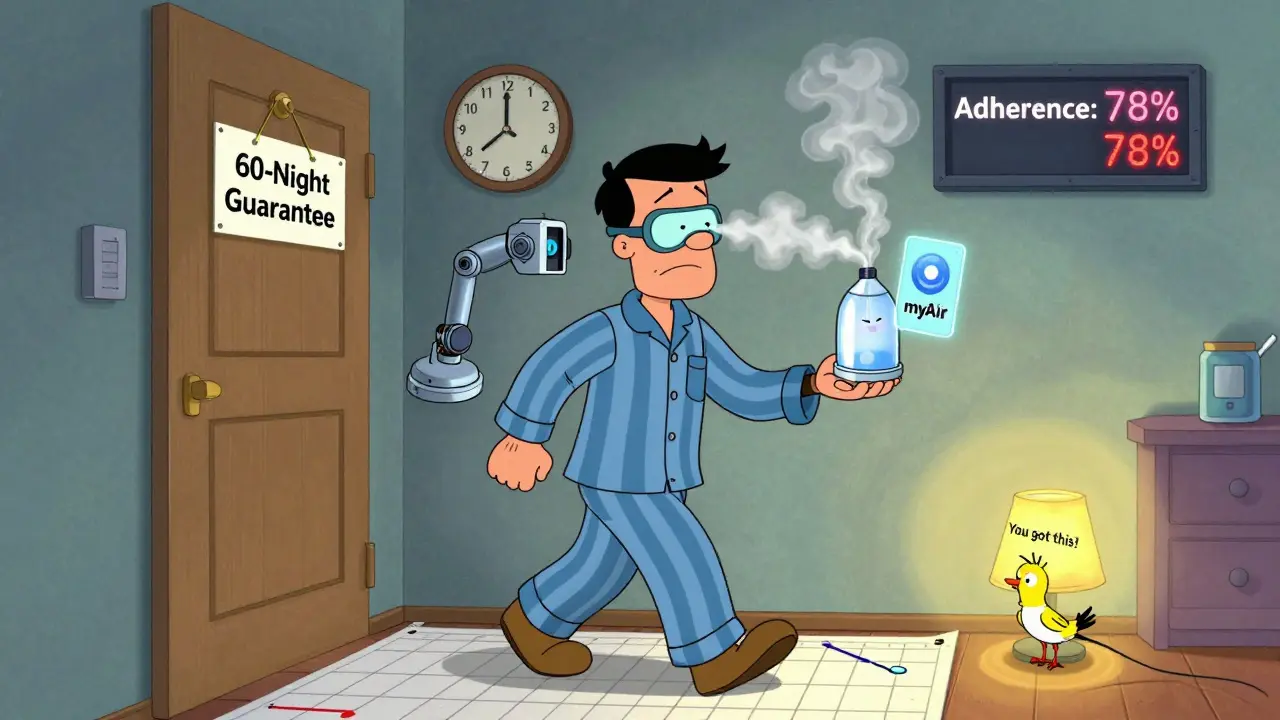 A man enters a whimsical lab where a robot offers a new mask, a humidifier puffs steam, and a floating app icon encourages adherence.