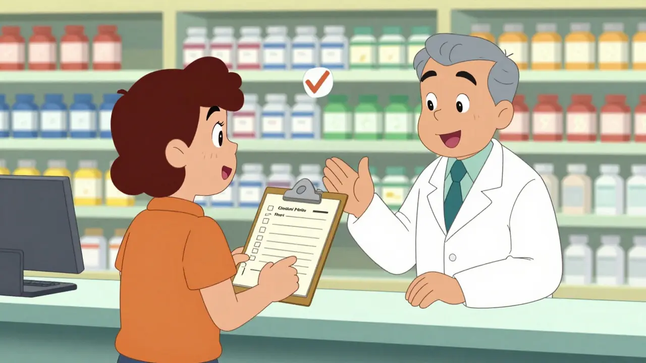 Animated patient reviewing medication list with a pharmacist helper.