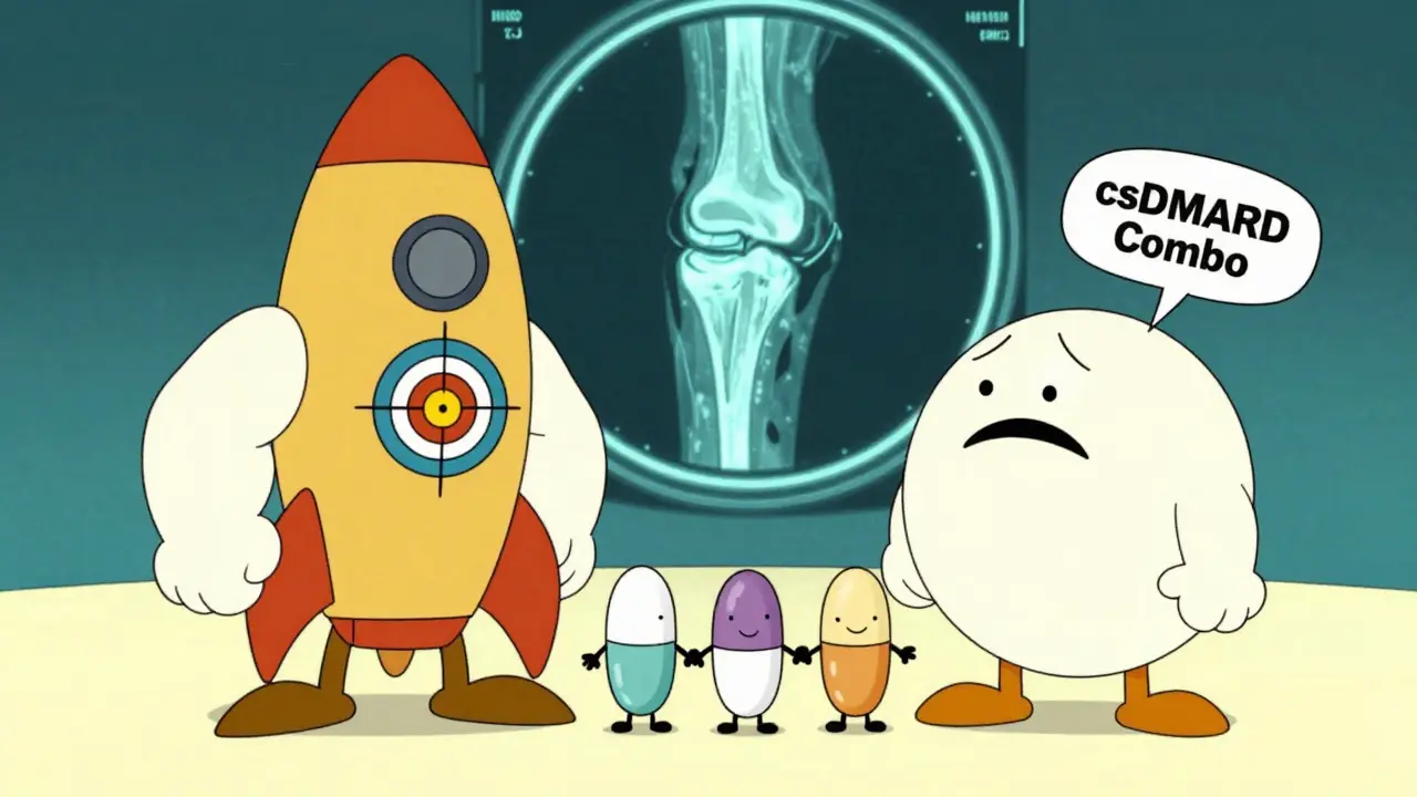 Biologic missile fighting csDMARD combo pills beside a healing joint MRI.