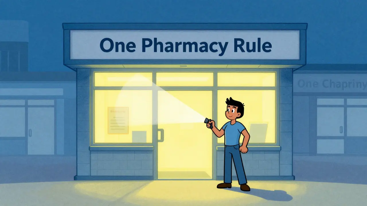 Cartoon character choosing one pharmacy for safer medication management.