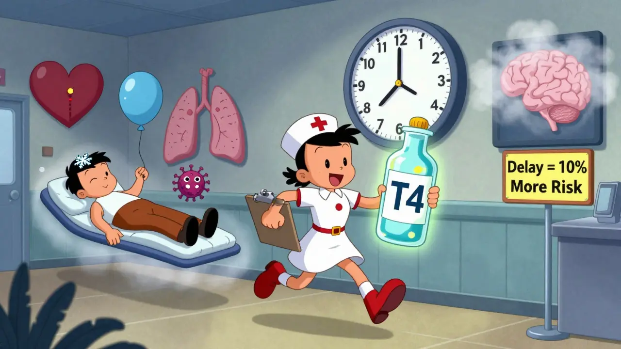 ER nurse racing with thyroid hormone vial as comatose patients float behind, giant clock counting down risk of delay.