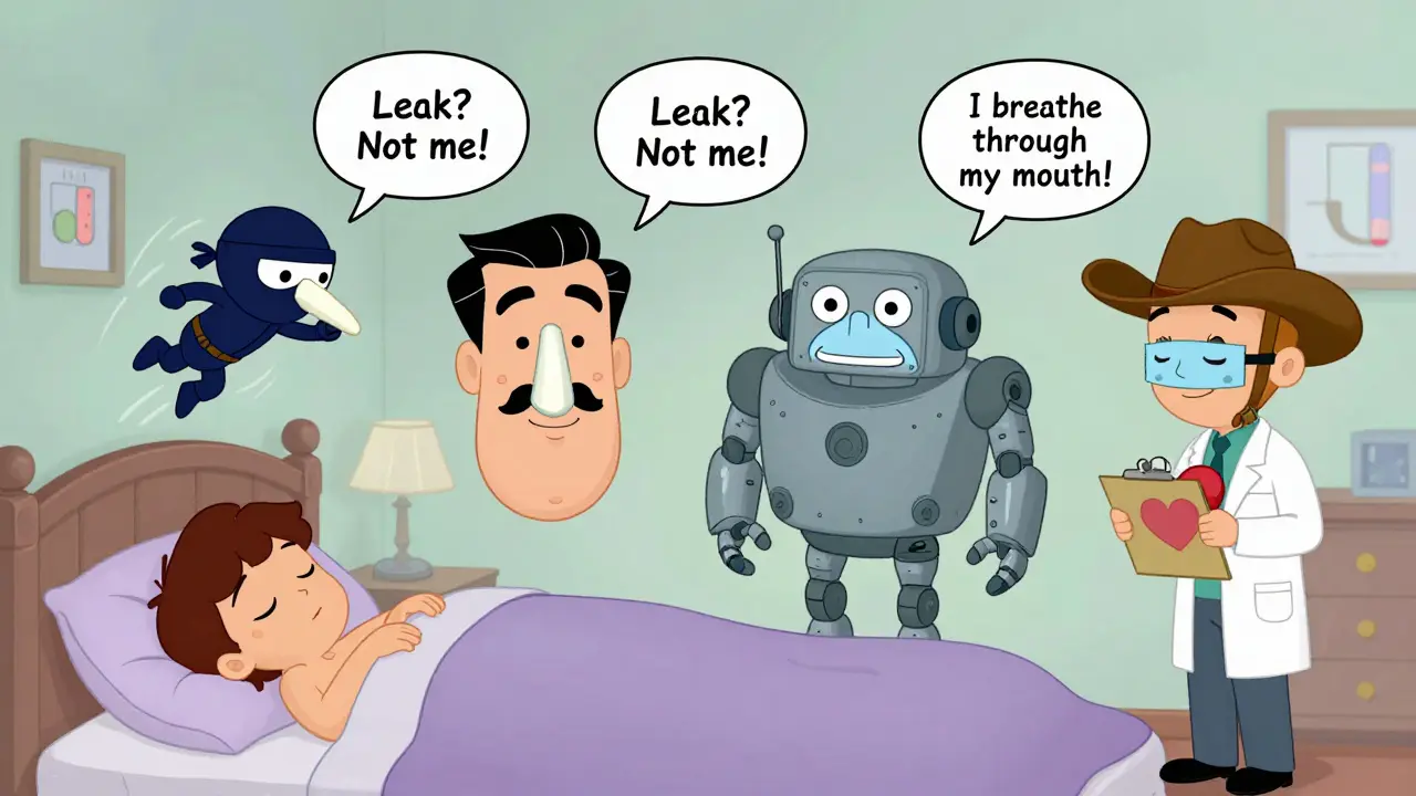Four cartoon-style CPAP masks personified as characters, each labeled with their type and benefit, floating above sleeping figures.