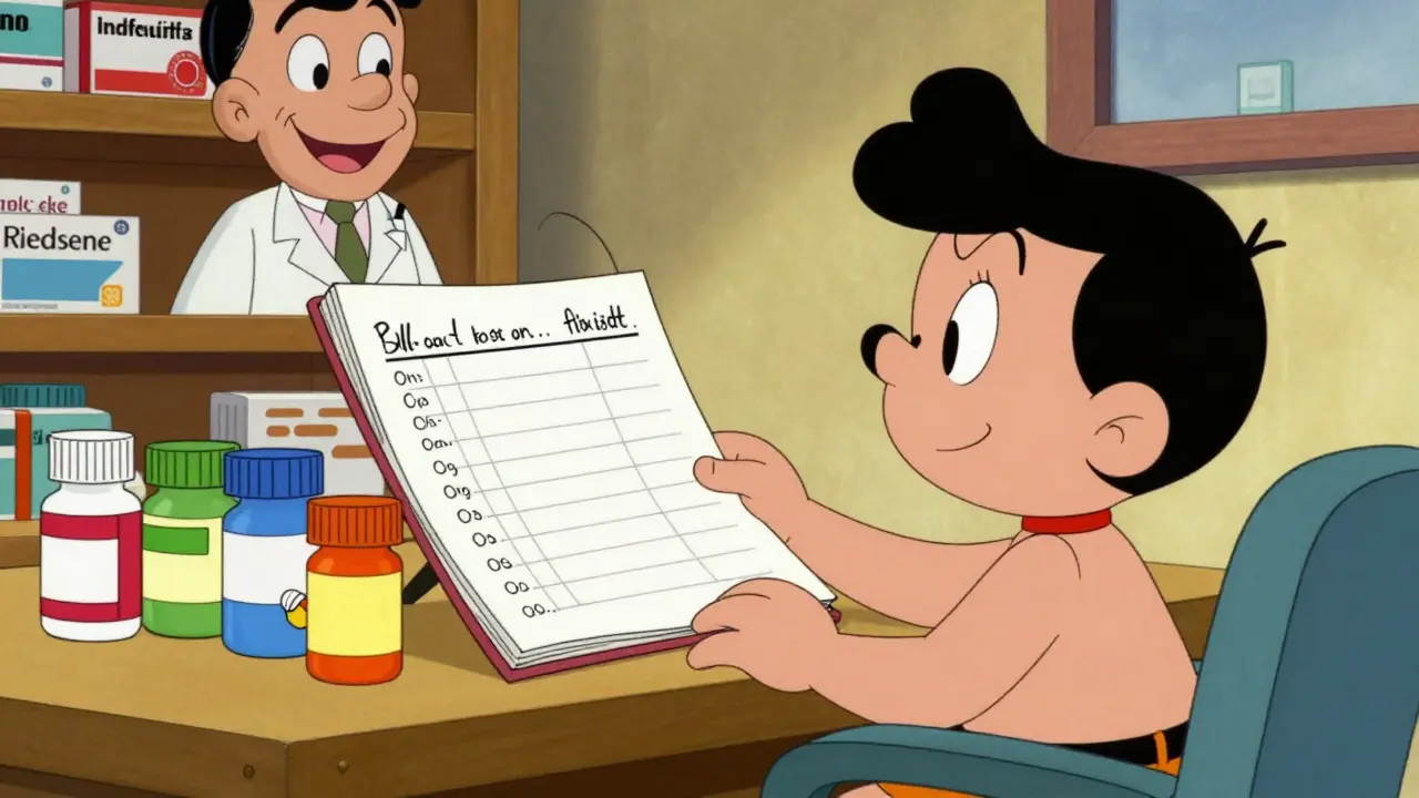 Happy patient organizing medication logbook at a desk.