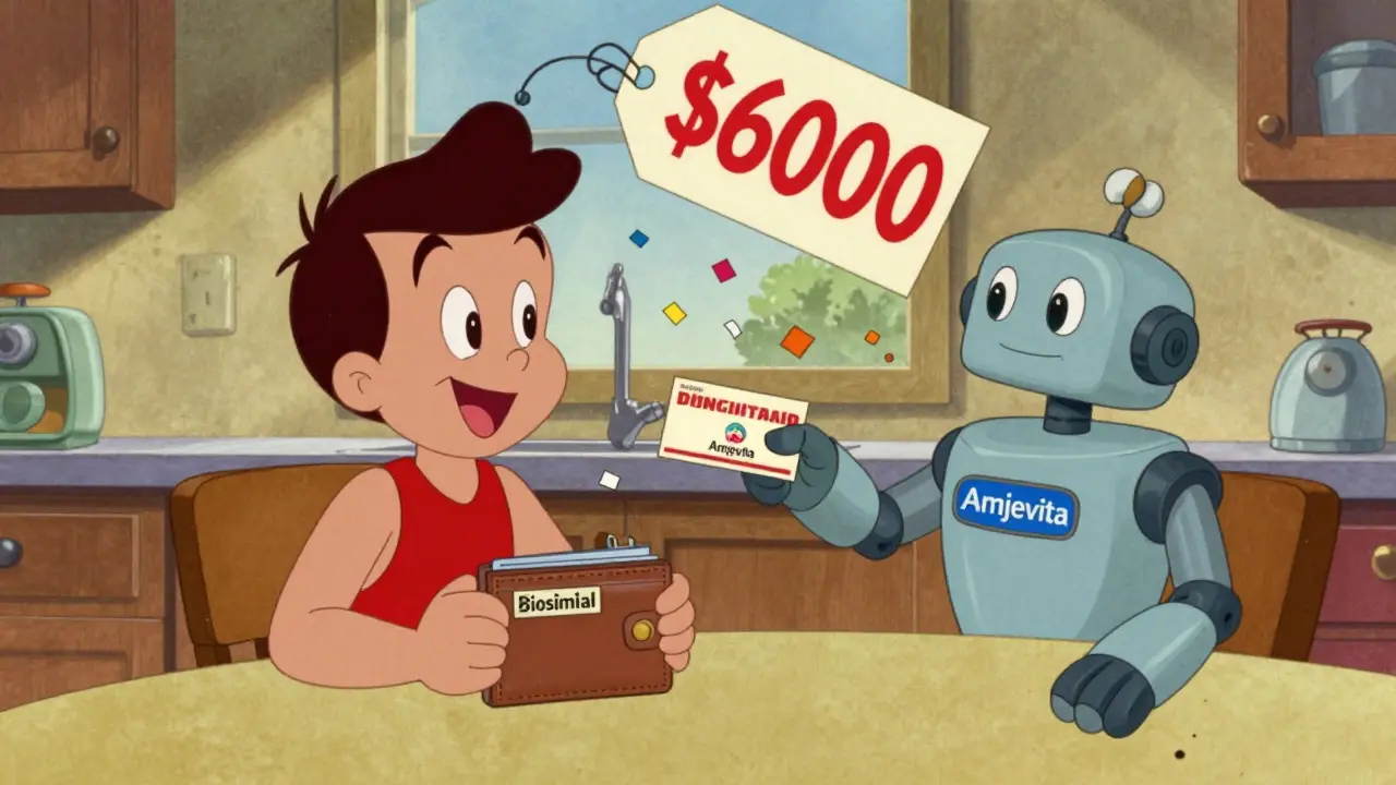 Patient smiling as biosimilar robot gives discount coupon while expensive price tag breaks.