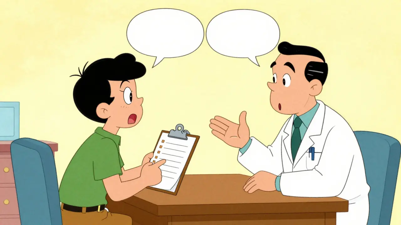 Patient talking assertively to a doctor across a desk.