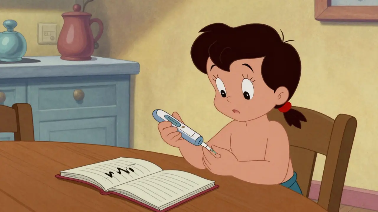 Patient testing blood sugar with a meter at a kitchen table.