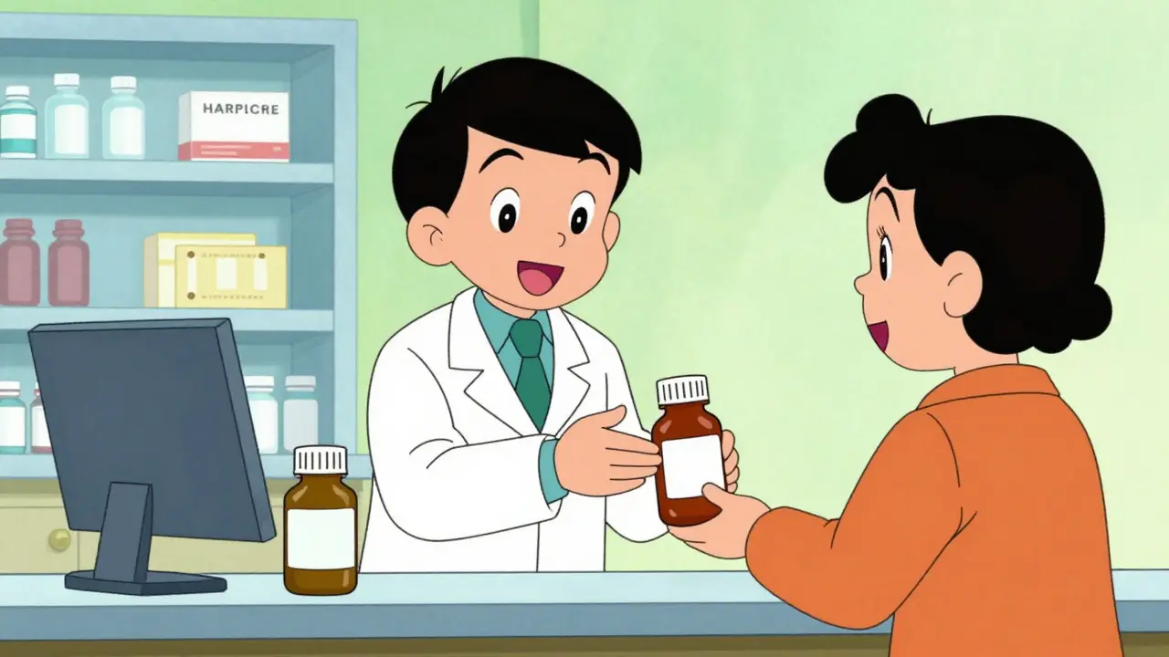 Pharmacist handing a prescription bottle to a happy customer.