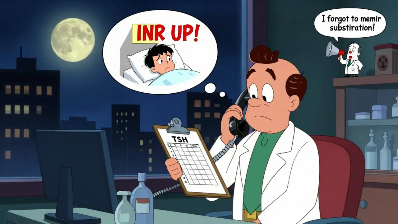 Pharmacist on a late-night call about a patient's lab results, with a floating warning and a distant doctor ignoring the issue.