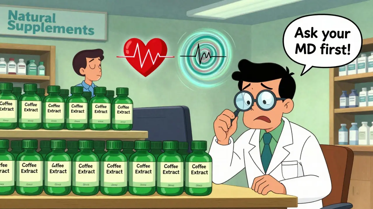 Pharmacy shelf with varied green coffee extract bottles and three patients with different heartbeat patterns.