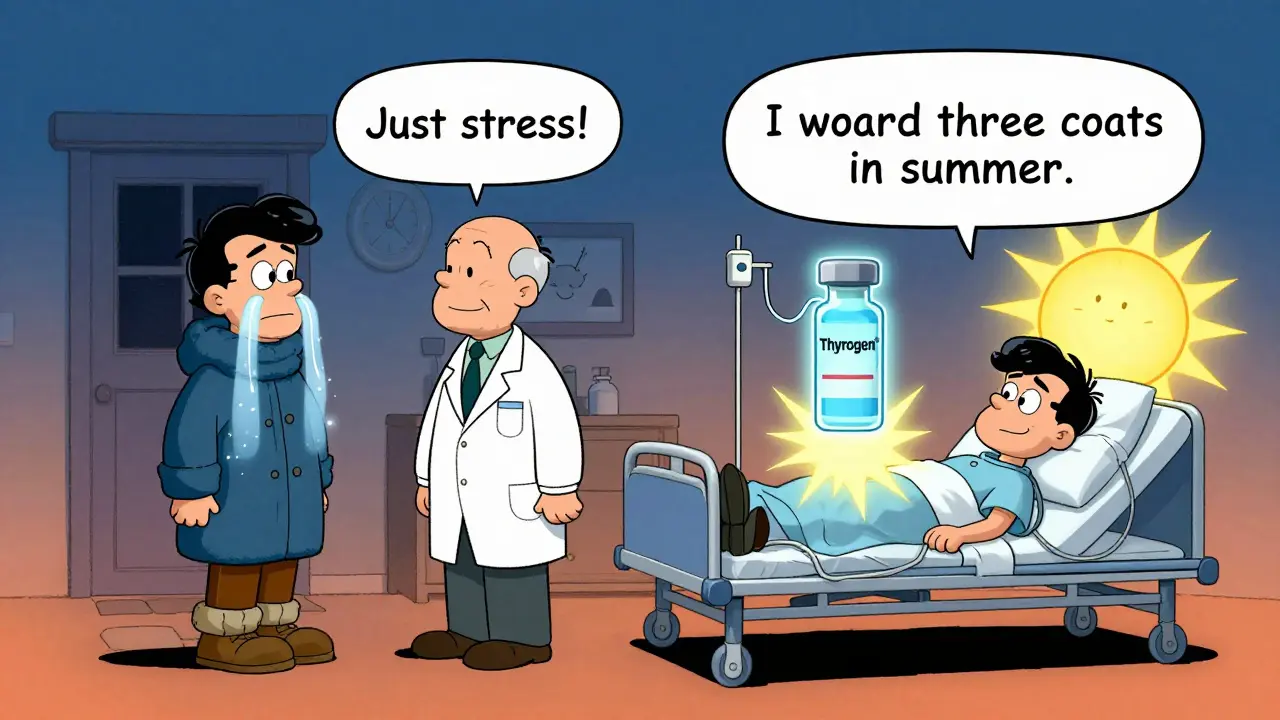 Split scene: man dismissed as stressed vs. same man revived in ICU with glowing thyroid treatment vial.