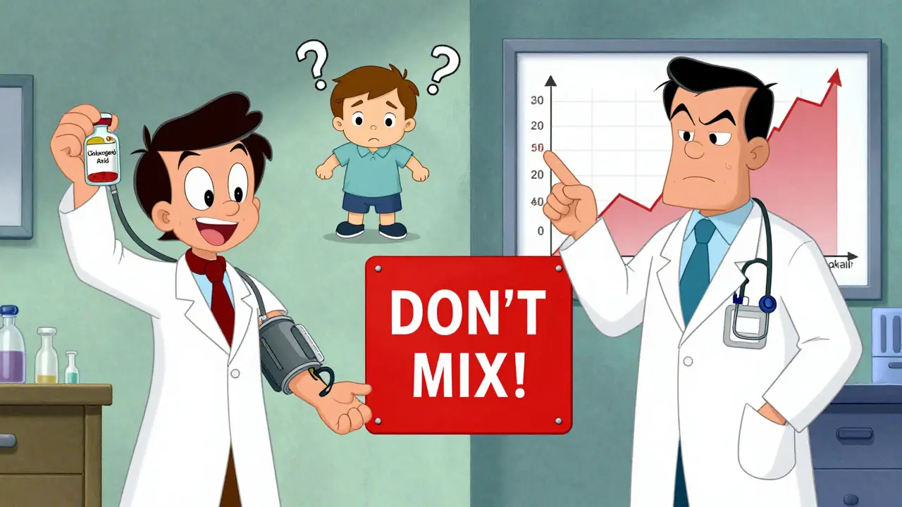 Split scene showing chlorogenic acid lowering blood pressure vs. Adderall raising it, with a warning sign in between.