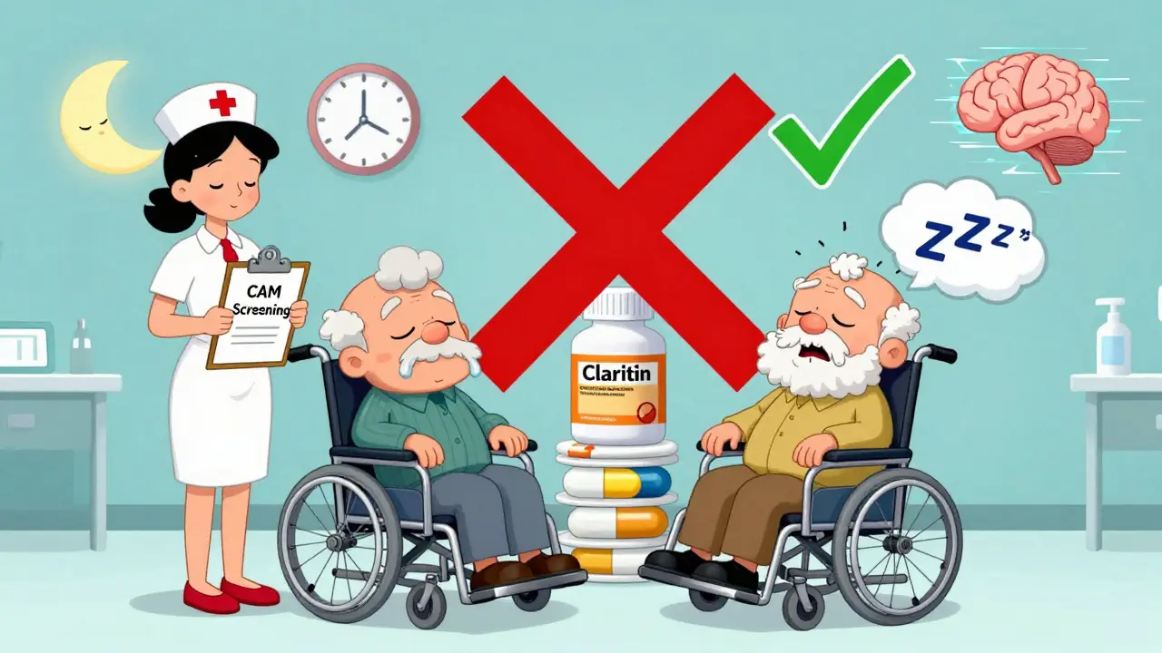 Two sleepy seniors in wheelchairs are contrasted with a green checkmark over Claritin and red X over risky pills in a hospital setting.