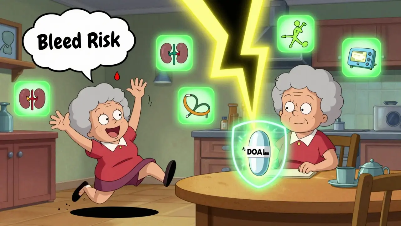 Woman protected by Apixaban shield from stroke lightning, while fall risk appears tiny and harmless.