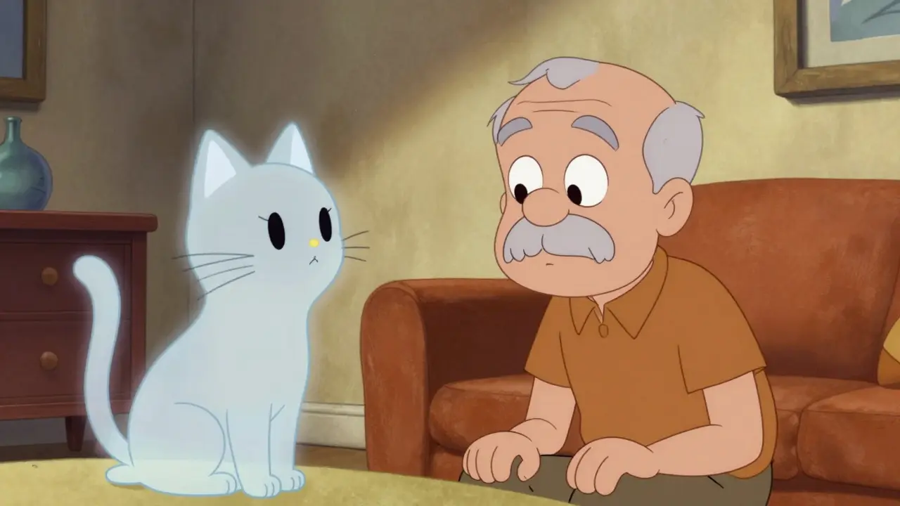 An elderly man in a cartoon living room seeing a friendly hallucination of a cat.