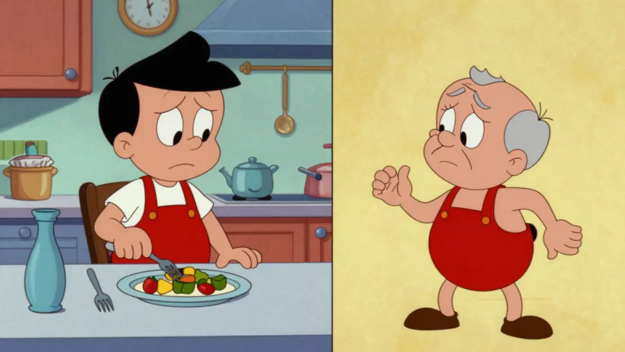 Cartoon characters illustrating behavioral changes and cognitive drops associated with dementia.