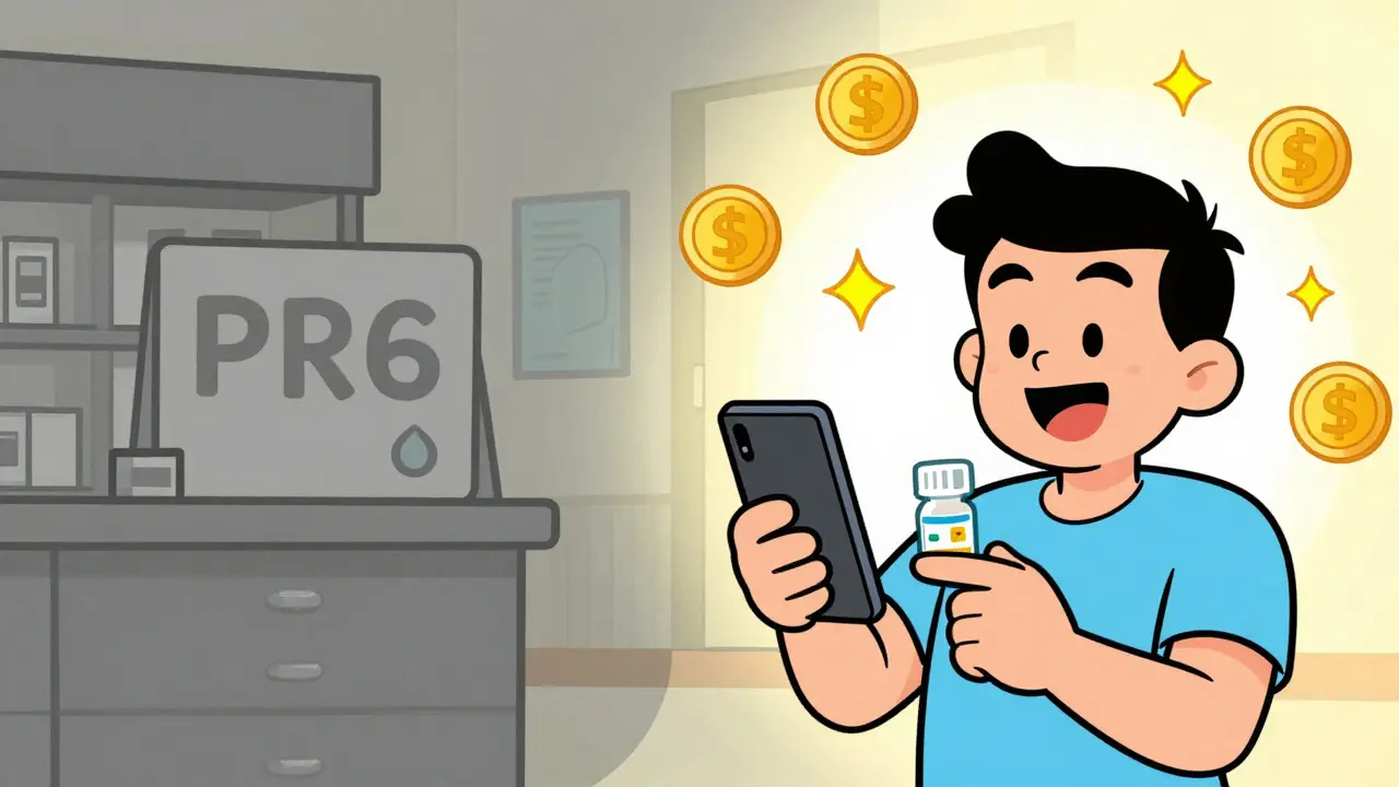 Cartoon comparison of high pharmacy prices versus savings using a mobile app