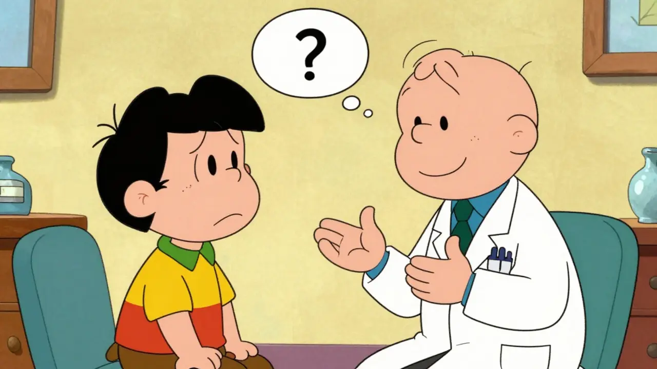 Cartoon doctor explaining the benefits of generic medication to a skeptical patient.