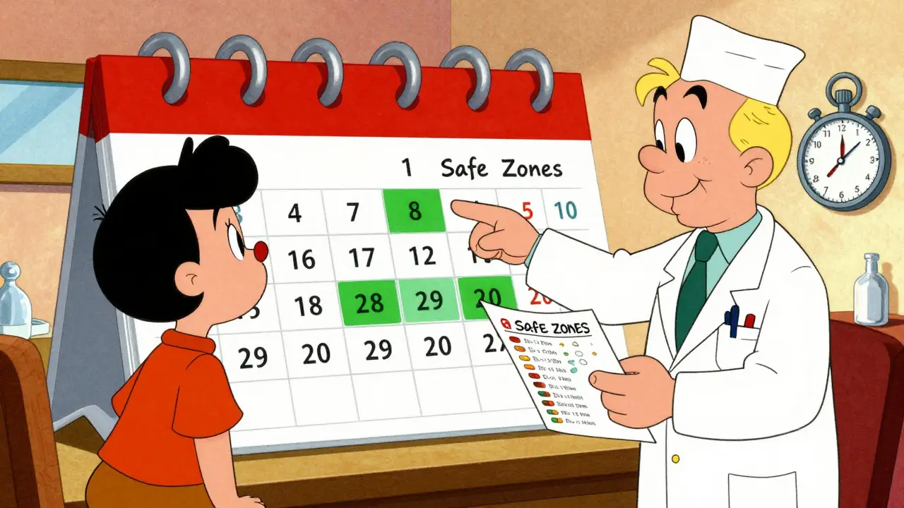 Cartoon of a doctor and patient using a calendar to plan the safe timing for a medical procedure.