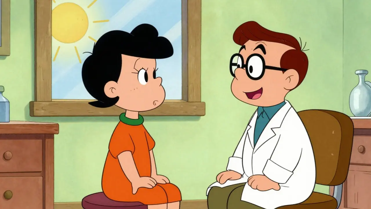 Cartoon of a patient and doctor having a friendly conversation in a medical office